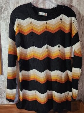 FCT With Love Retro Chevron Stripe Pointelle Open Knit Sweater - Earth Tones L